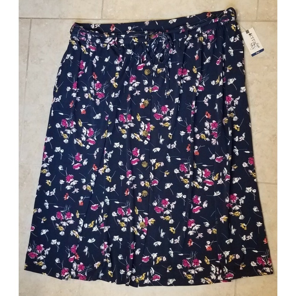 New Terra Sky Women Button Front Maxi Skirt Floral Print Blue Plus 2X (20W-22W)